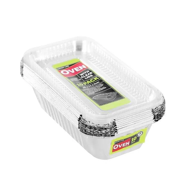 10 Pack Lemon & Lime Rectangle Baking Foil Tray With Clear Lid - 20cm x 5cm