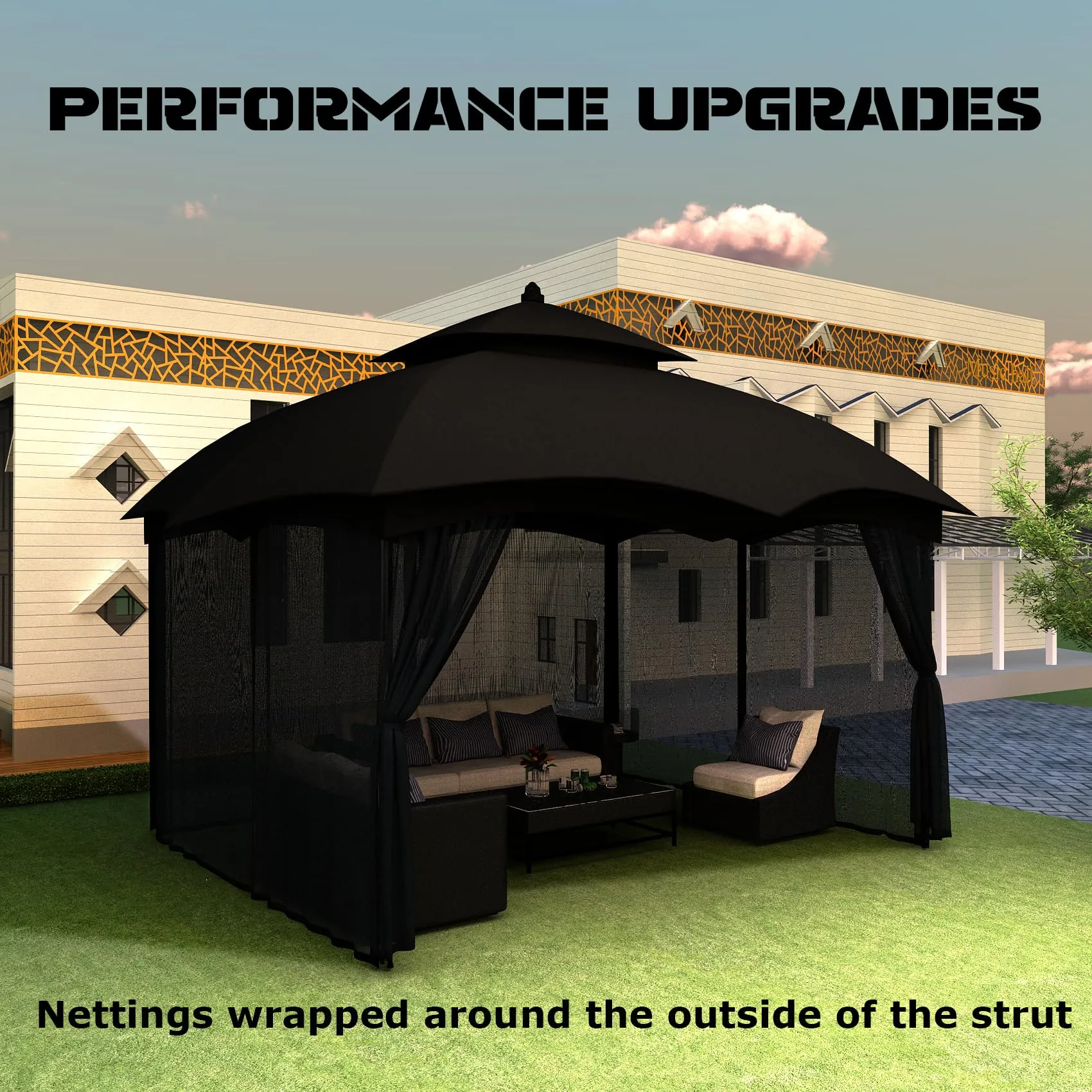 10x12ft Gazebo Universal Mosquito Netting Replacement, Outdoor Canopy Netting Wall Screen with Two-Sided Zippers, Mesh Netting 4-Panel Screen Sidewall Curtain for Most 10' x 12' Gazebo (Black)