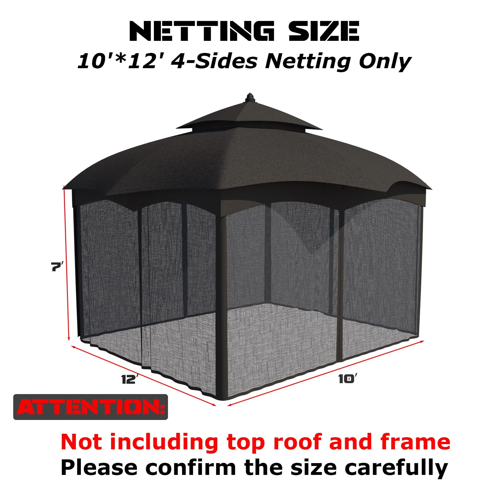 10x12ft Gazebo Universal Mosquito Netting Replacement, Outdoor Canopy Netting Wall Screen with Two-Sided Zippers, Mesh Netting 4-Panel Screen Sidewall Curtain for Most 10' x 12' Gazebo (Black)