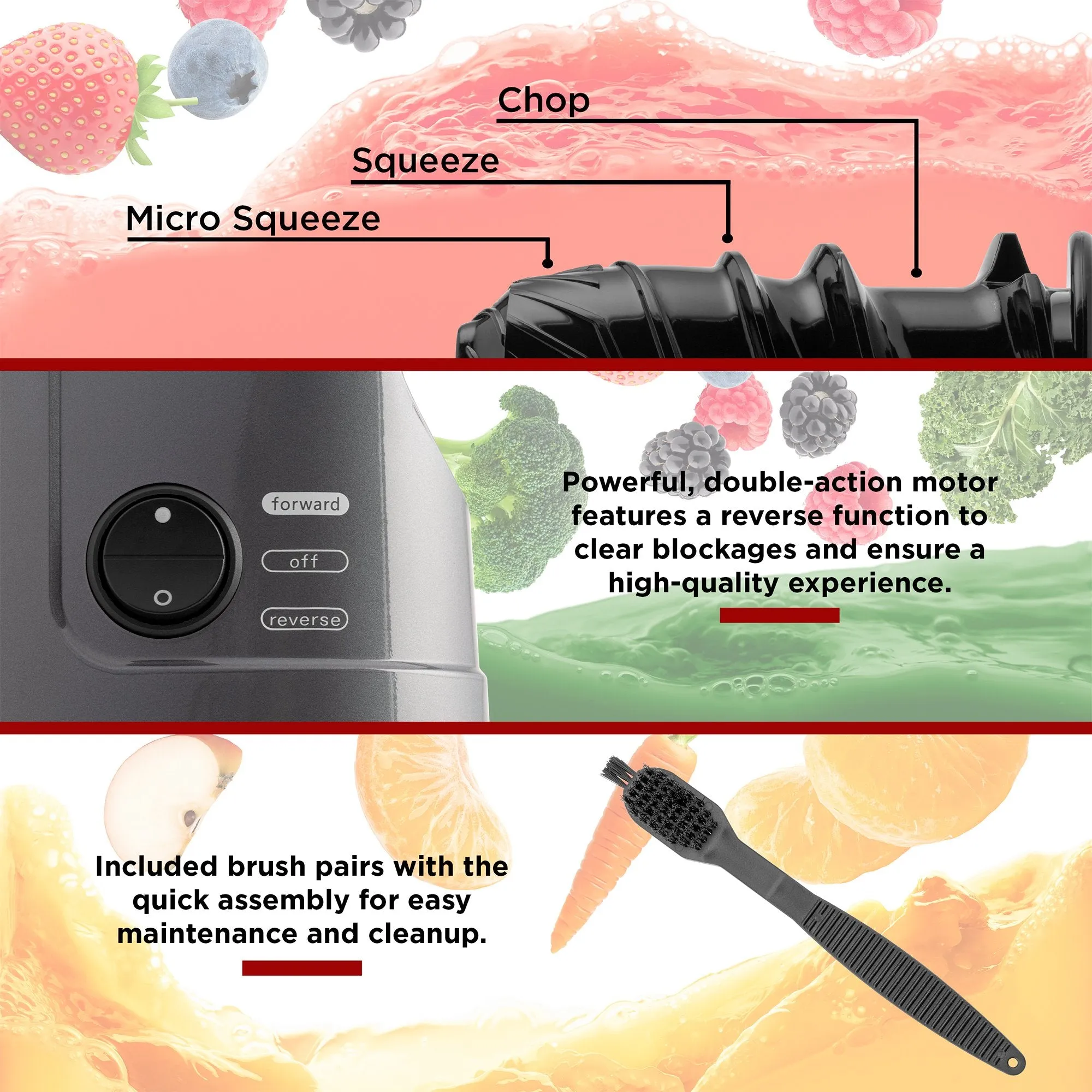 150W Horizontal Slow Masticating Juicer w/ Reverse Mode, Quiet Motor