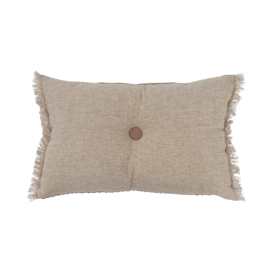 16" x 10" Linen & Cotton Tufted Two-Sided Lumbar Pillow with Button & Fringe