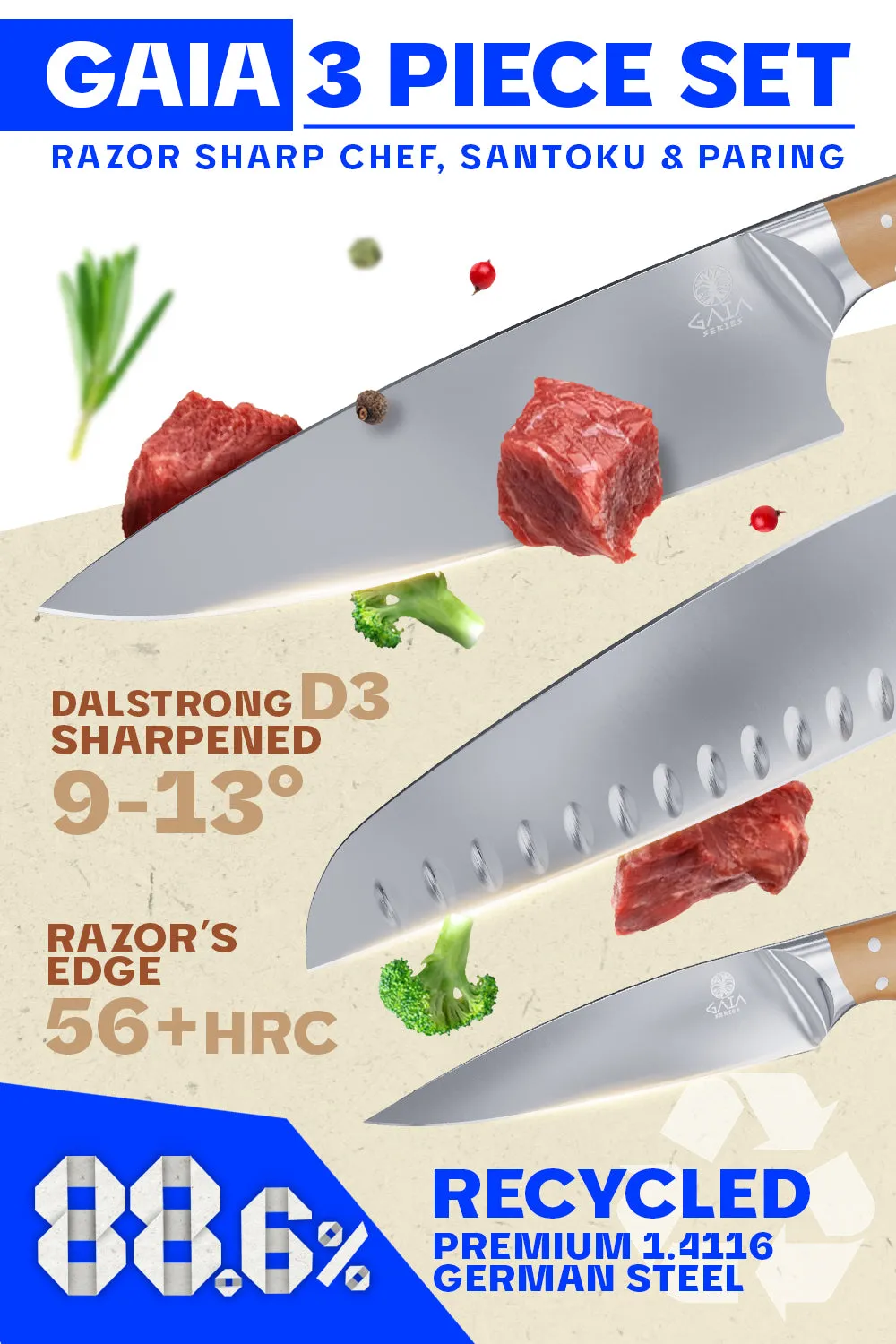 3-Piece Knife Set | Chef - Santoku - Paring | Sustainable and Earth-friendly Material | Gaia Series | Dalstrong ©