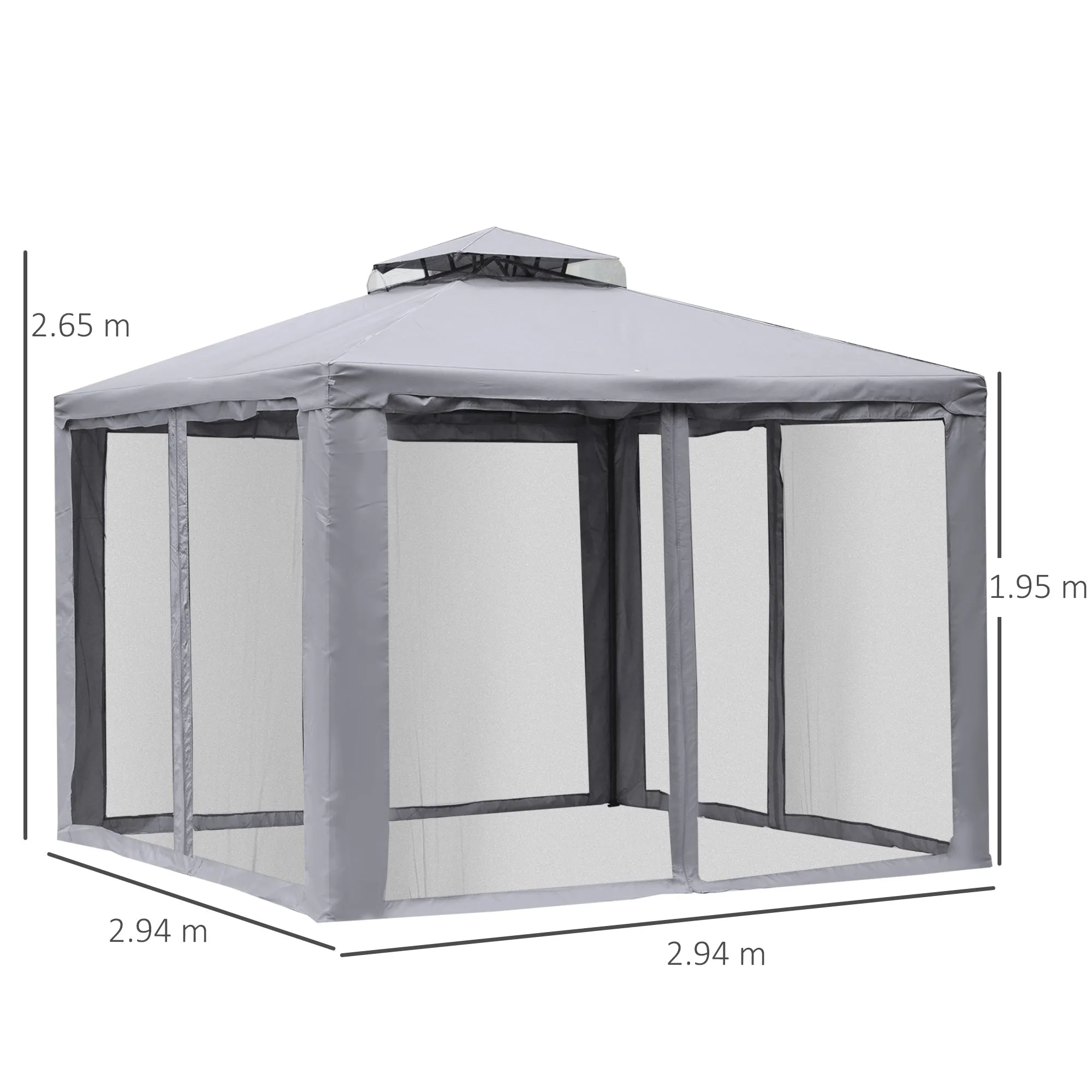 3 x 3 Meter Metal Gazebo Garden Outdoor 2-tier Roof Marquee Party Tent Canopy Pavillion Patio Shelter with Netting - Grey