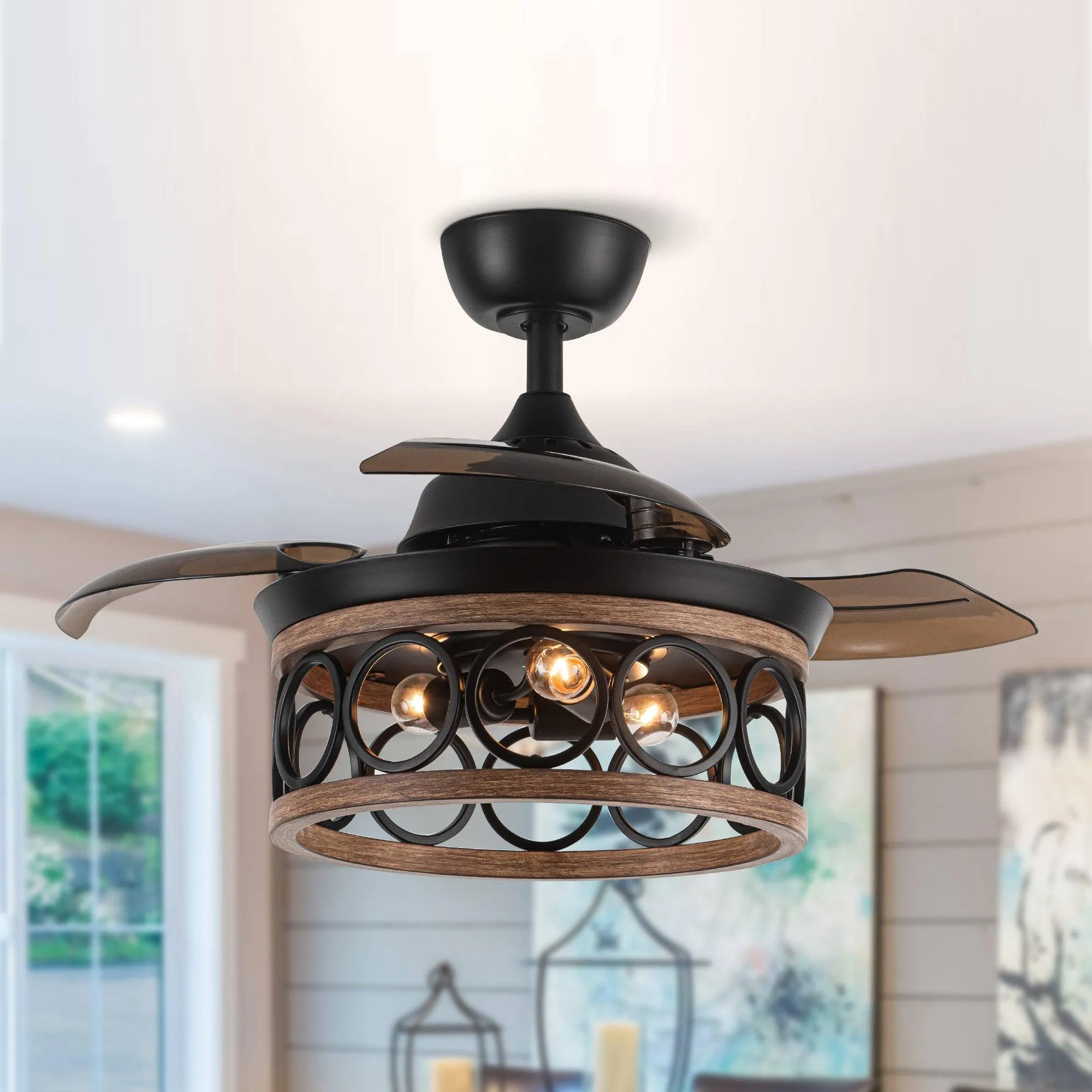 36" Mirelle Farmhouse Downrod Mount Ceiling Fan with Lighting and Wall Control