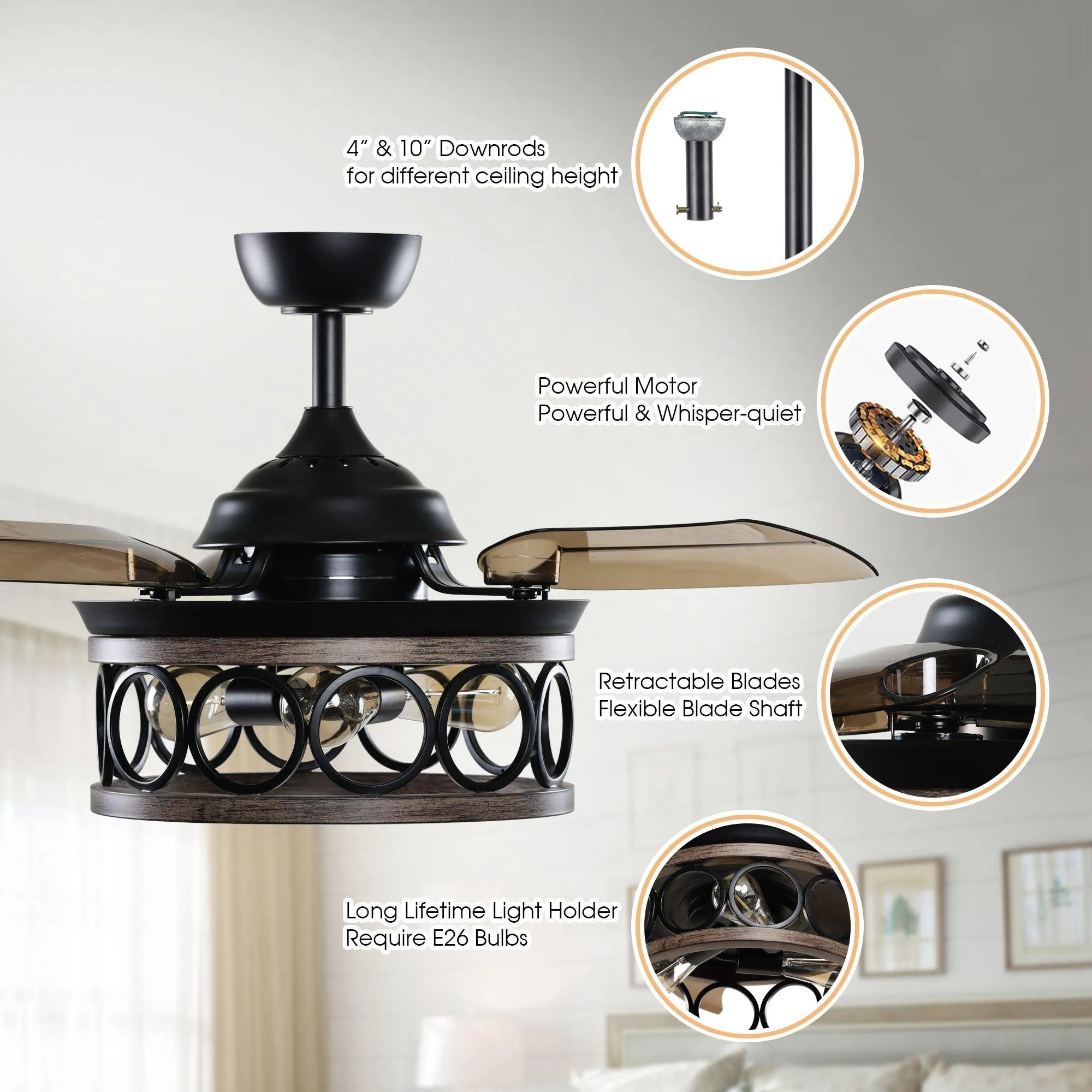 36" Mirelle Farmhouse Downrod Mount Ceiling Fan with Lighting and Wall Control