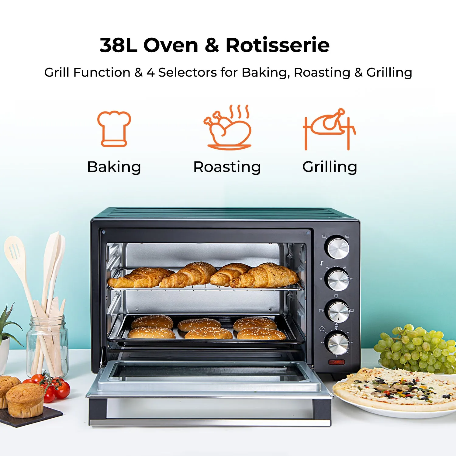 38L Fast-Bake Electric Rotisserie Mini Oven and Grill Cooker