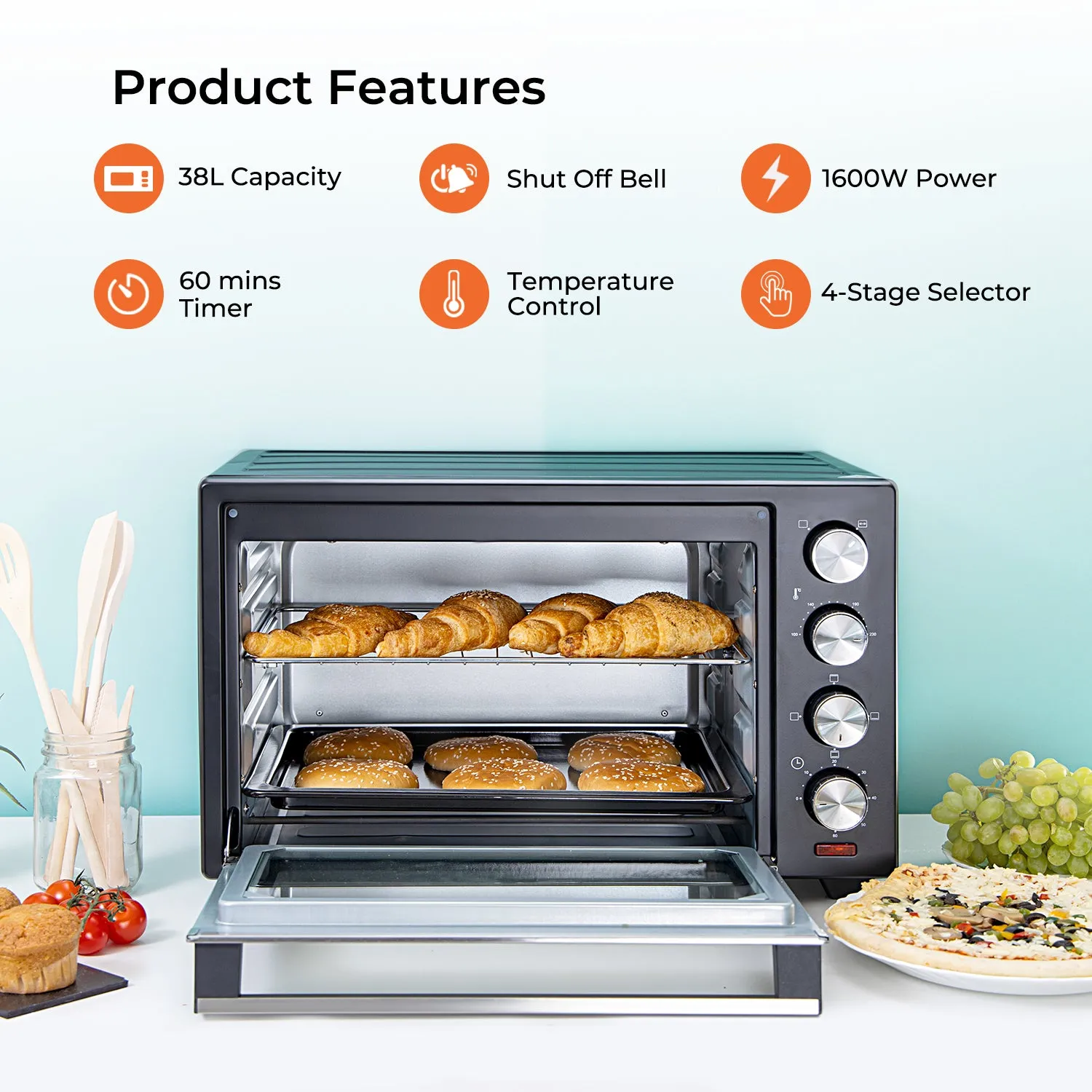 38L Fast-Bake Electric Rotisserie Mini Oven and Grill Cooker