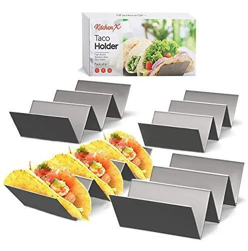 4 Pack Stainless Steel Taco Holder Tray, Taco Truck Stand Holds Up To 3 Tacos Each as Plates, Use as a Shell Baking Rack - Safe for Dishwasher, Oven, and Grill, Holders Size 8" x 4" x 2"