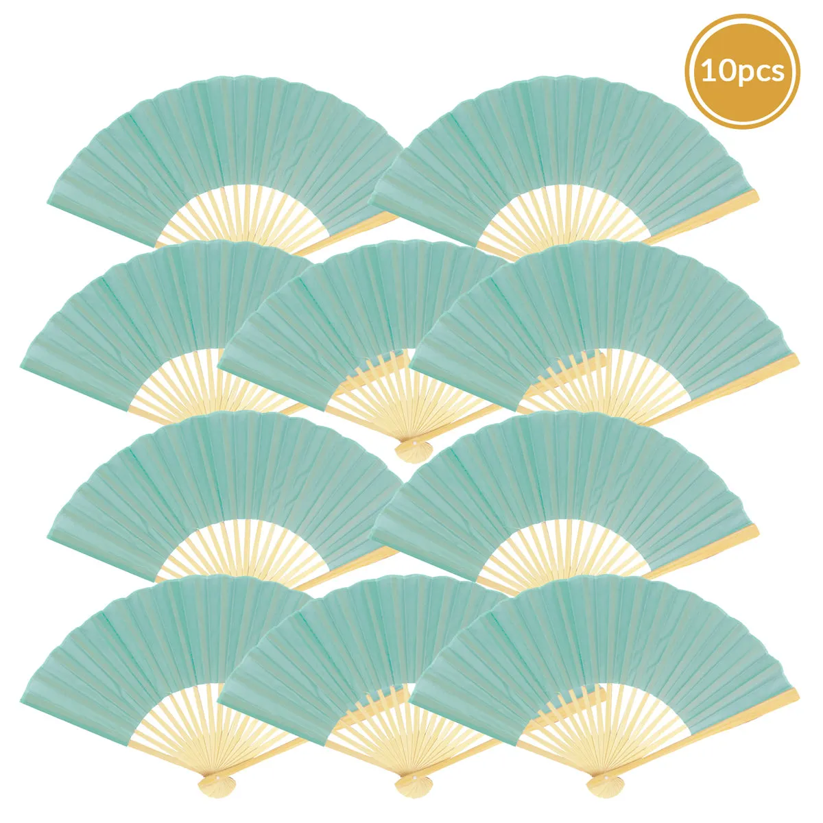 9" Water Blue Silk Hand Fans for Weddings (10 Pack)