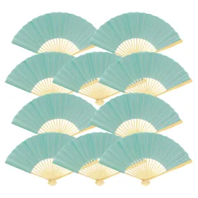 9" Water Blue Silk Hand Fans for Weddings (10 Pack)