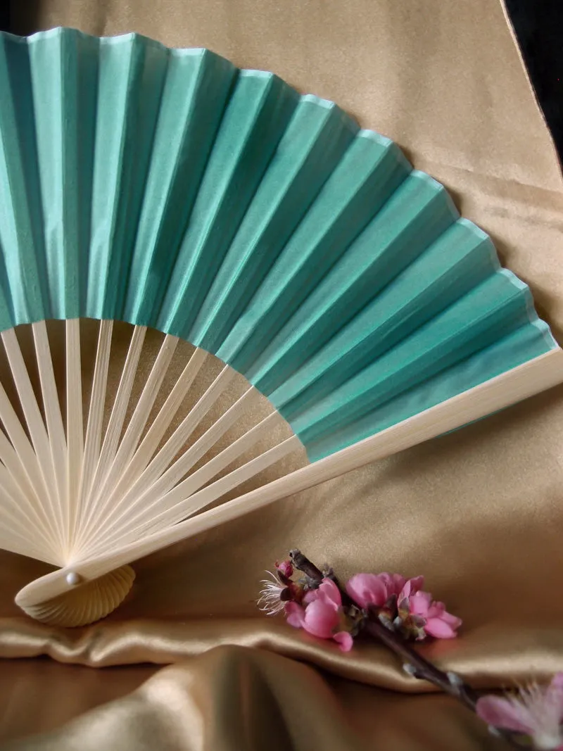 9" Water Blue Silk Hand Fans for Weddings (10 Pack)