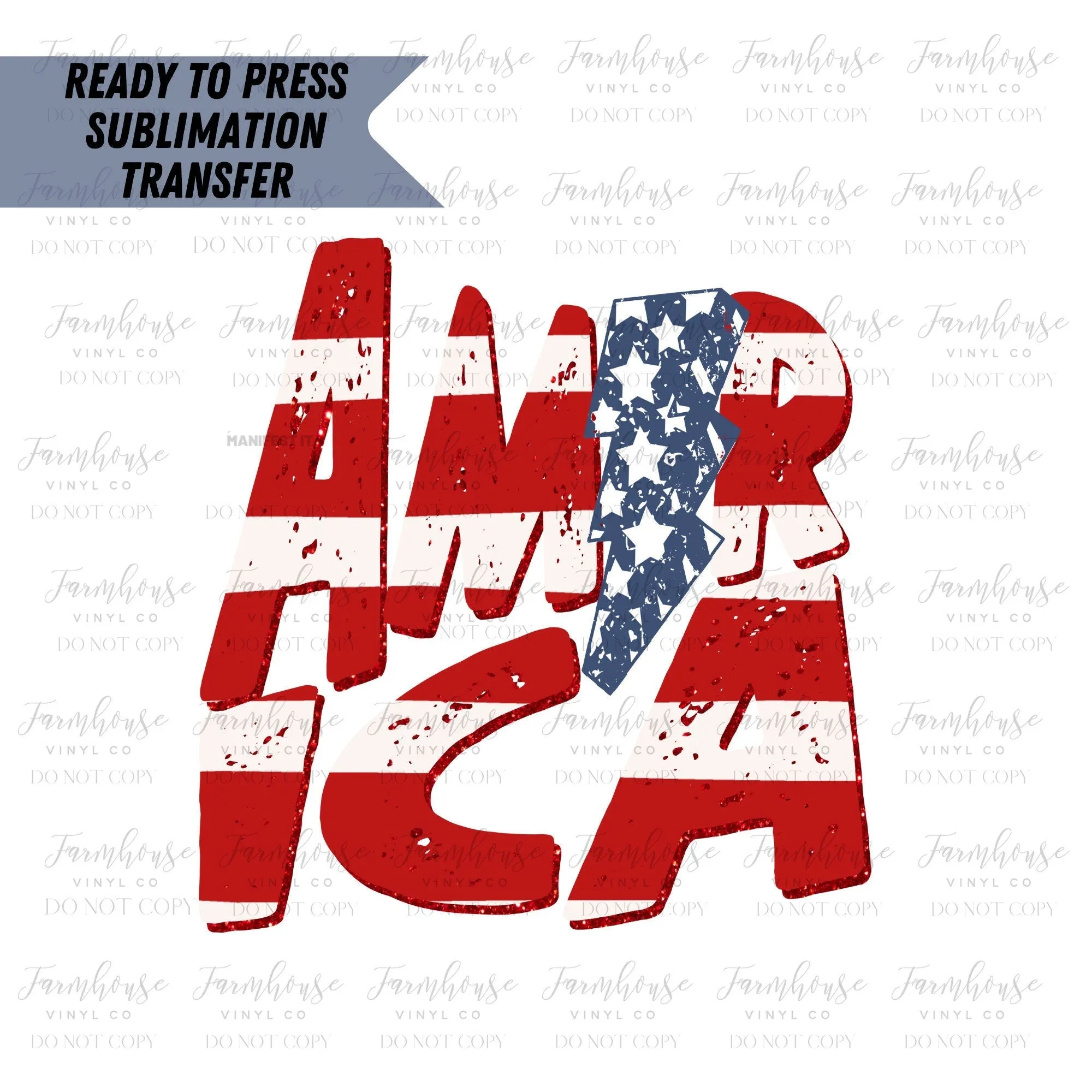 America Distressed Stripes w/ Stars Lightning Bolt Ready To Press Sublimation Transfer