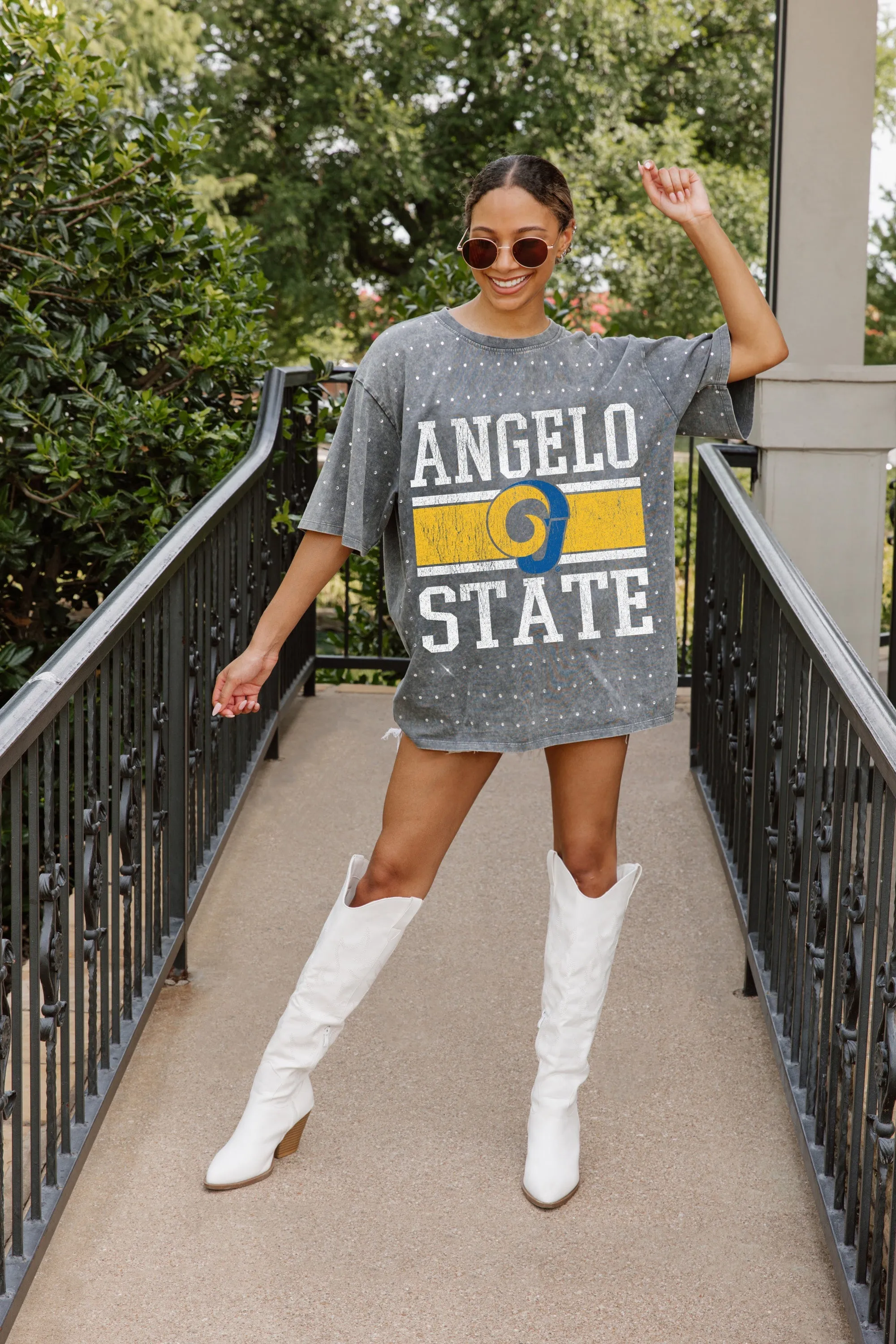 ANGELO STATE RAMS ON THE BALL MINI RHINESTONE SHORT SLEEVE CLASSIC TEE