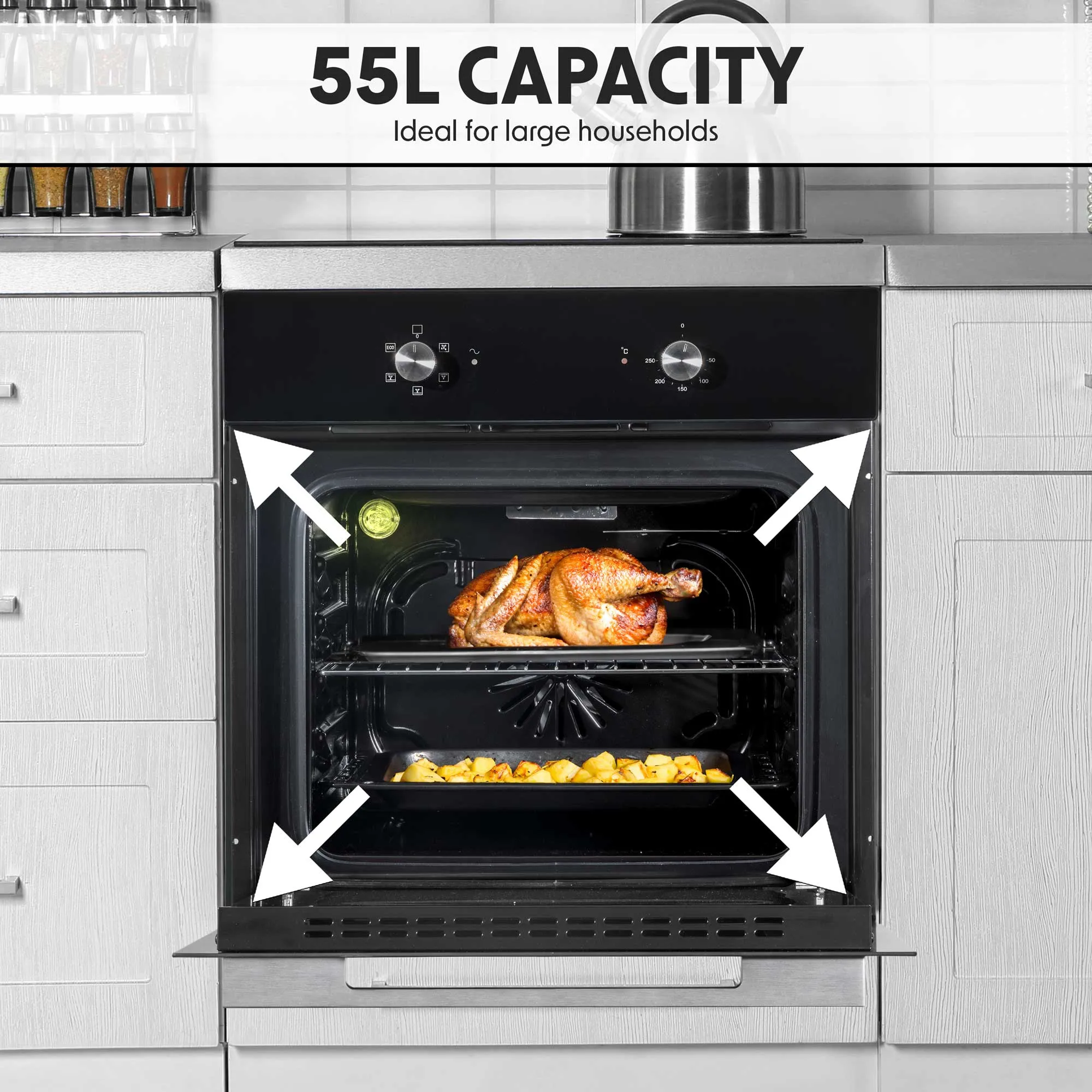 Baridi 60cm Built-In Five Function Fan Assisted, Integrated Electric Oven, 55L, Black - DH124