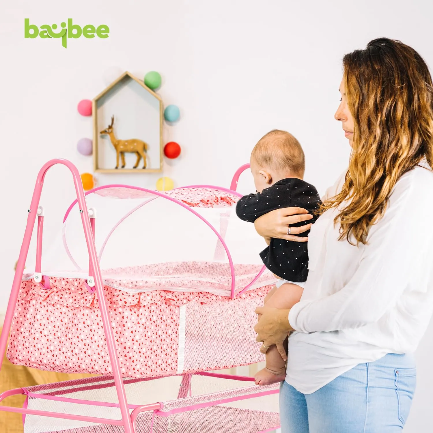 BAYBEE Breezy Baby Swing Cradle for Baby, Jhula Palna for New Born Babies, Baby Bedding Set with Mosquito Net & Storage Basket | Baby Sleeping Swing Cradle for 0 to 12 Month Boys Girls