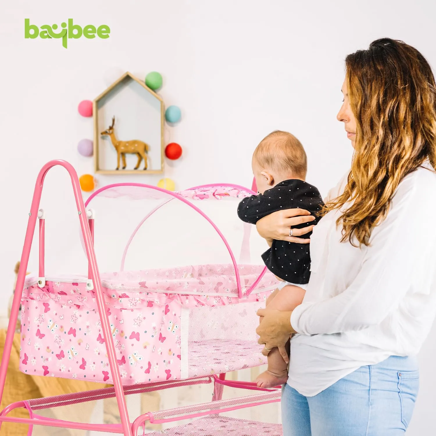 BAYBEE Breezy Baby Swing Cradle for Baby, Jhula Palna for New Born Babies, Baby Bedding Set with Mosquito Net & Storage Basket | Baby Sleeping Swing Cradle for 0 to 12 Month Boys Girls