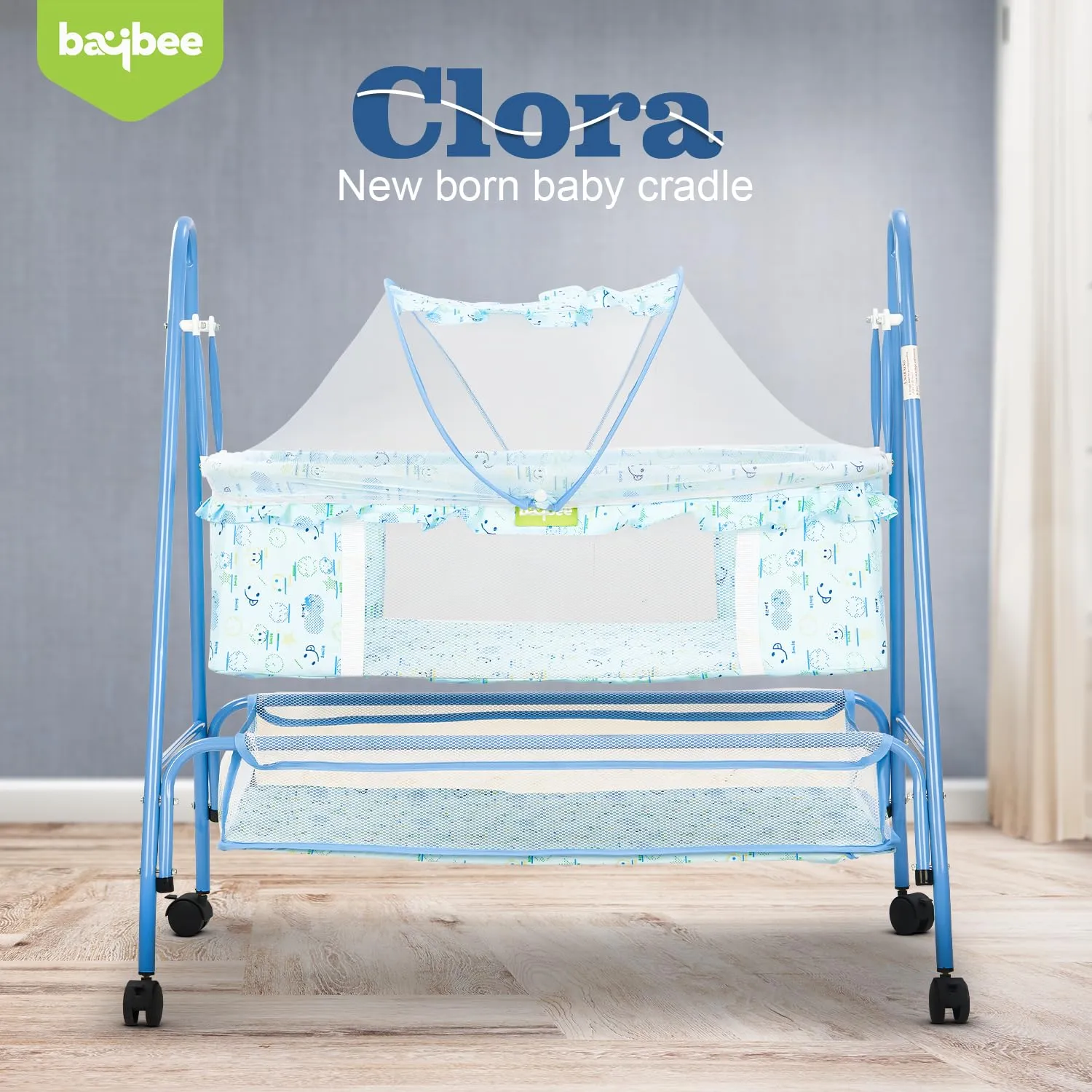 BAYBEE Breezy Baby Swing Cradle for Baby, Jhula Palna for New Born Babies, Baby Bedding Set with Mosquito Net & Storage Basket | Baby Sleeping Swing Cradle for 0 to 12 Month Boys Girls