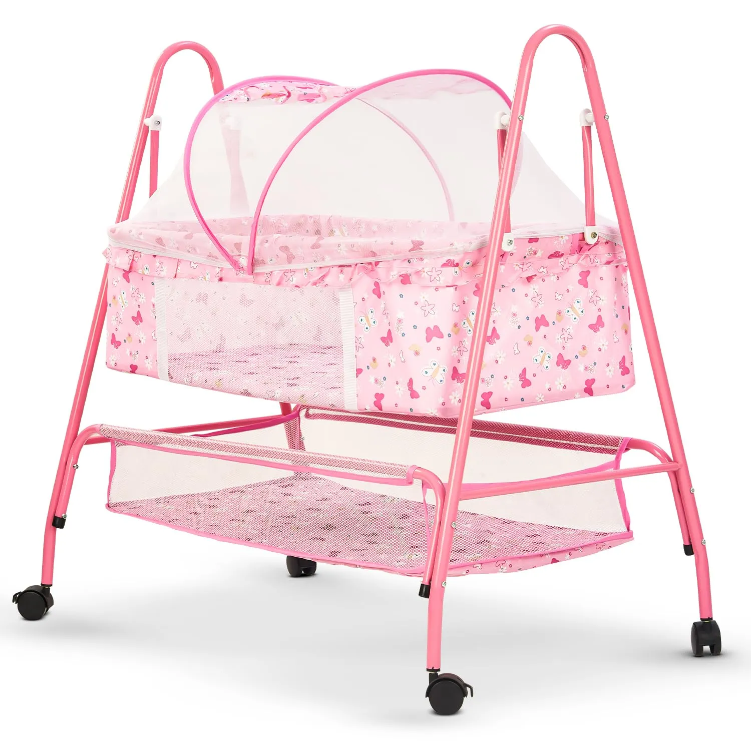 BAYBEE Breezy Baby Swing Cradle for Baby, Jhula Palna for New Born Babies, Baby Bedding Set with Mosquito Net & Storage Basket | Baby Sleeping Swing Cradle for 0 to 12 Month Boys Girls