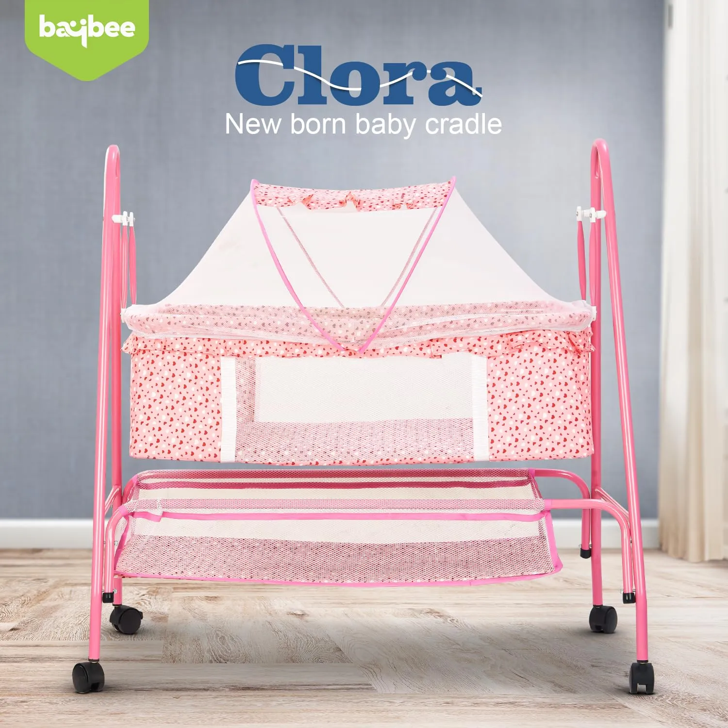 BAYBEE Breezy Baby Swing Cradle for Baby, Jhula Palna for New Born Babies, Baby Bedding Set with Mosquito Net & Storage Basket | Baby Sleeping Swing Cradle for 0 to 12 Month Boys Girls