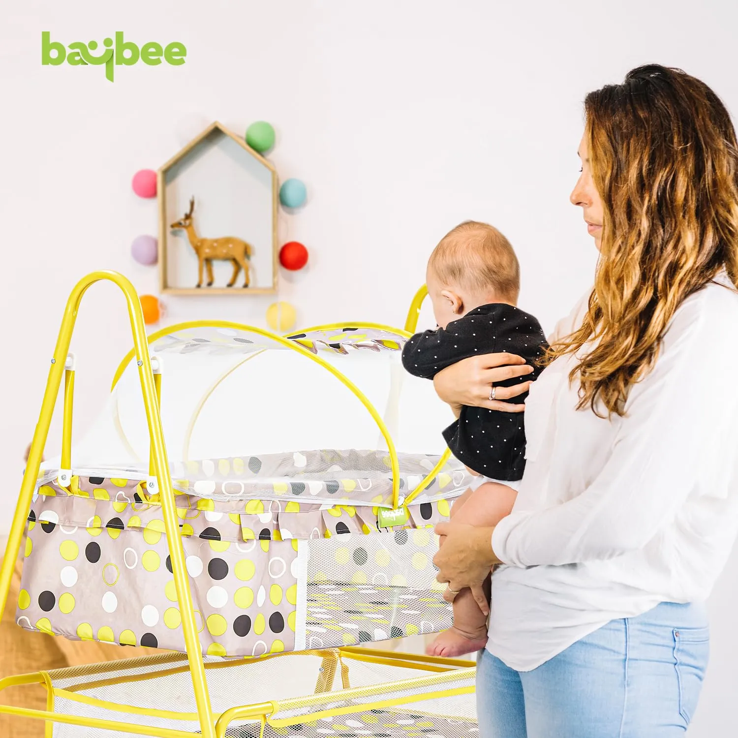 BAYBEE Breezy Baby Swing Cradle for Baby, Jhula Palna for New Born Babies, Baby Bedding Set with Mosquito Net & Storage Basket | Baby Sleeping Swing Cradle for 0 to 12 Month Boys Girls