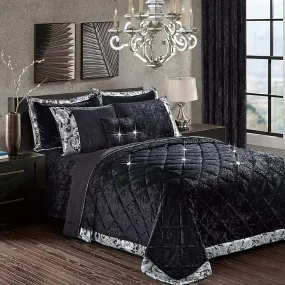 Bedspread Crushed Velvet 3-Piece Set with Matching Pillow Shams Single, Double, King, Superking (Black)