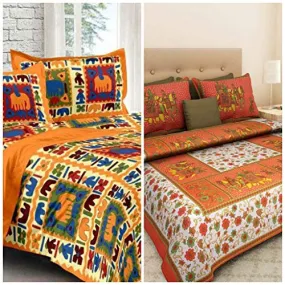 BedZone 100% Cotton Rajasthani Jaipuri King Size bedsheets Combo Double Bed Set 2 Double Bedsheet with 4 Pillow Cover - Multicolor