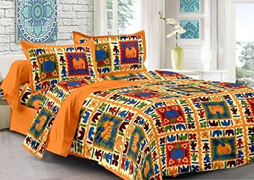 BedZone 100% Cotton Rajasthani Jaipuri King Size bedsheets Combo Double Bed Set 2 Double Bedsheet with 4 Pillow Cover - Multicolor