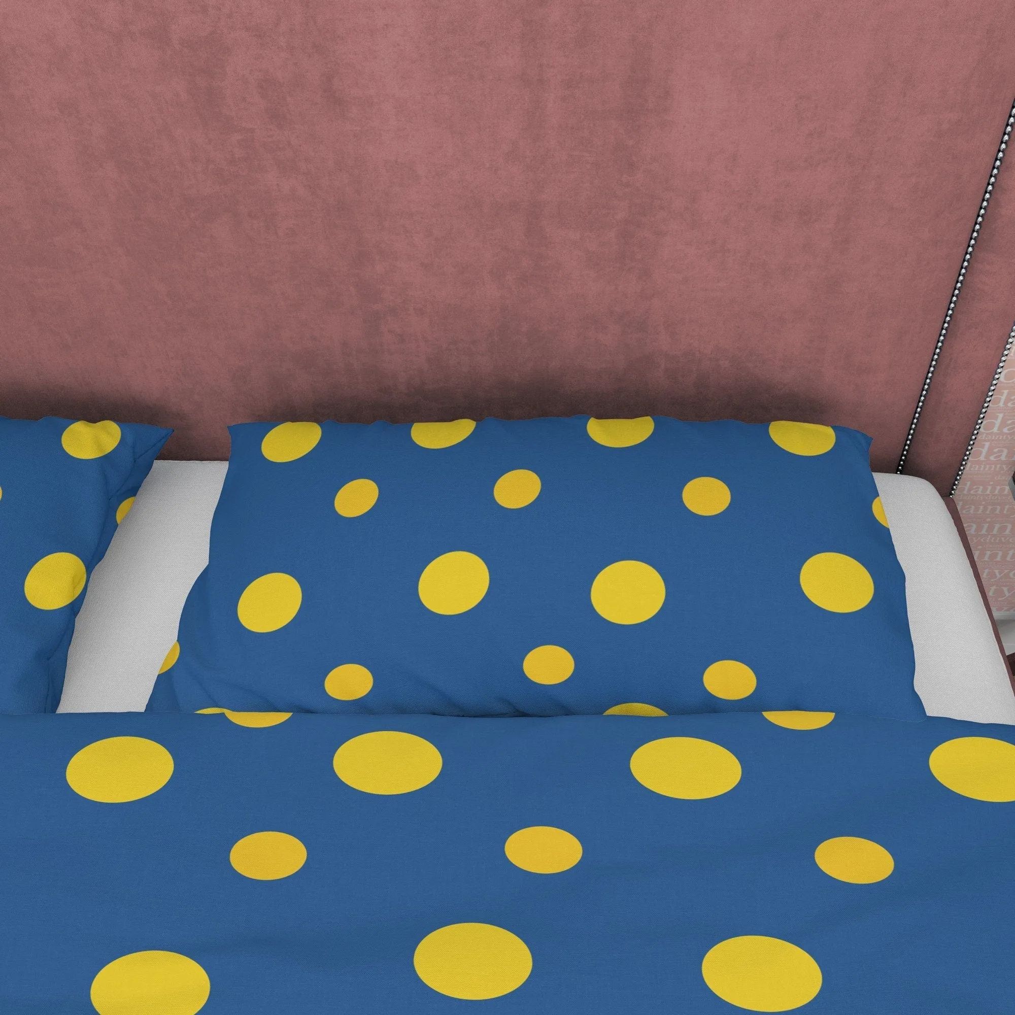 Blue Polka Dot Duvet Cover Geometric Bedding, Mid Century Modern Bedroom Set, Yellow Dotted Quilt Cover, Simple Unique Colorful Bedspread