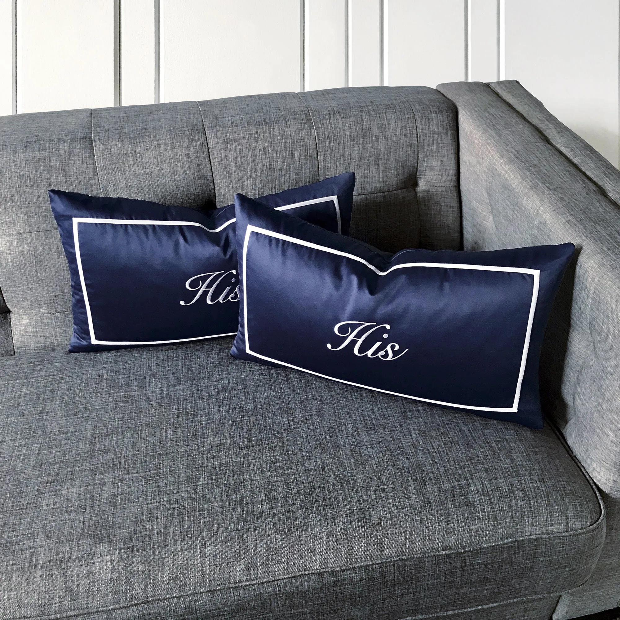 Blue Satin "His" Boudoir Pillow Cover 13x22