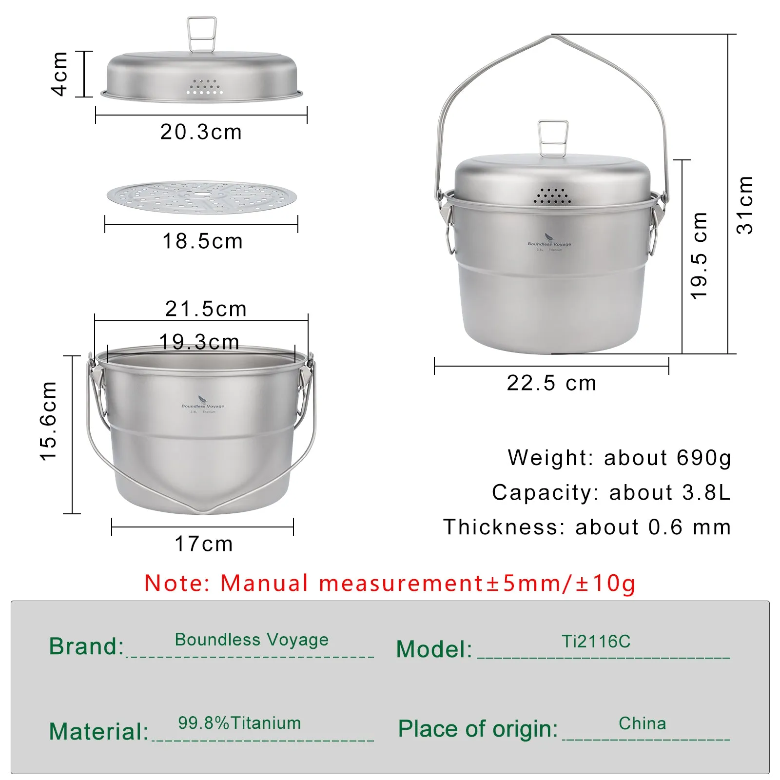 Boundless Voyage 3.8L/128oz Large Pot Titanium Hanging Pot with Food Steam Rack and Folding Handle Camping Cooking Pot Stock Pot for Camping Outdoors Home