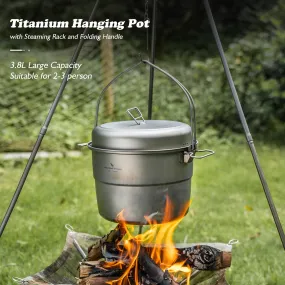 Boundless Voyage 3.8L/128oz Large Pot Titanium Hanging Pot with Food Steam Rack and Folding Handle Camping Cooking Pot Stock Pot for Camping Outdoors Home