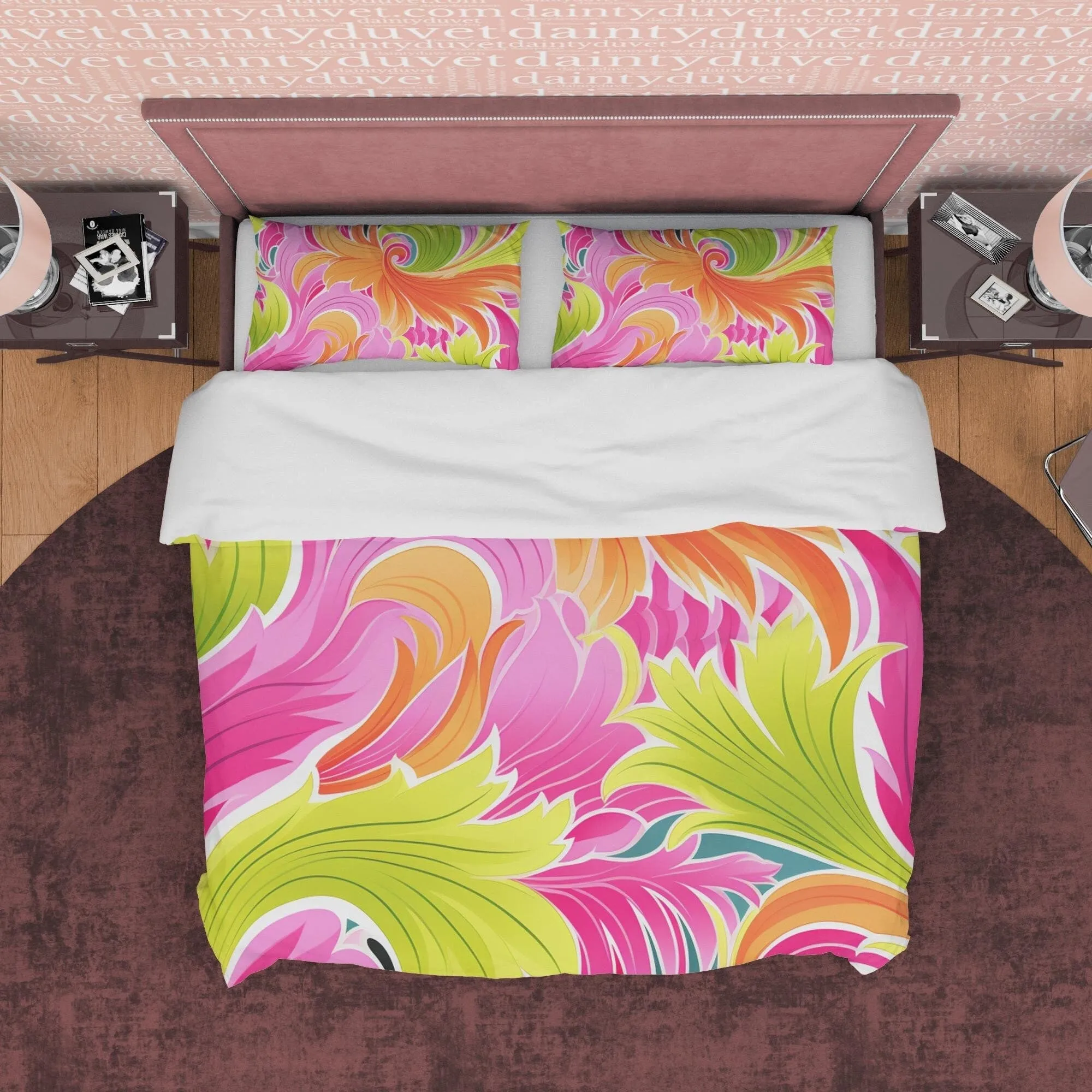 Bright Color Boho Bedding Colorful Duvet Cover Bohemian Bedroom Set, Vibrant Pink Blanket Cover Floral Quilt Cover, Aesthetic Bedspread