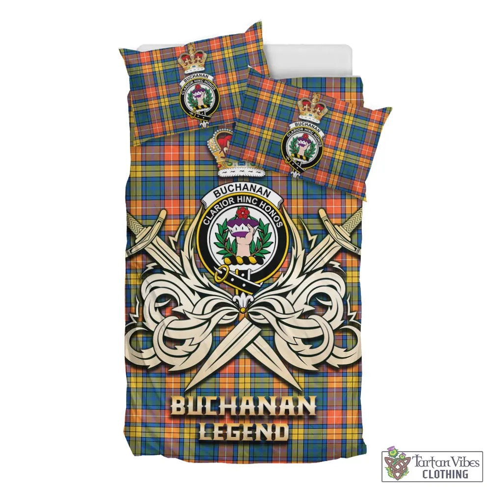 Buchanan Ancient Tartan Bedding Set with Clan Crest and the Golden Sword of Courageous Legacy