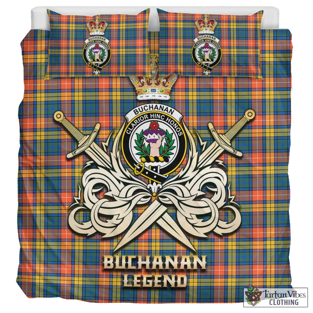 Buchanan Ancient Tartan Bedding Set with Clan Crest and the Golden Sword of Courageous Legacy