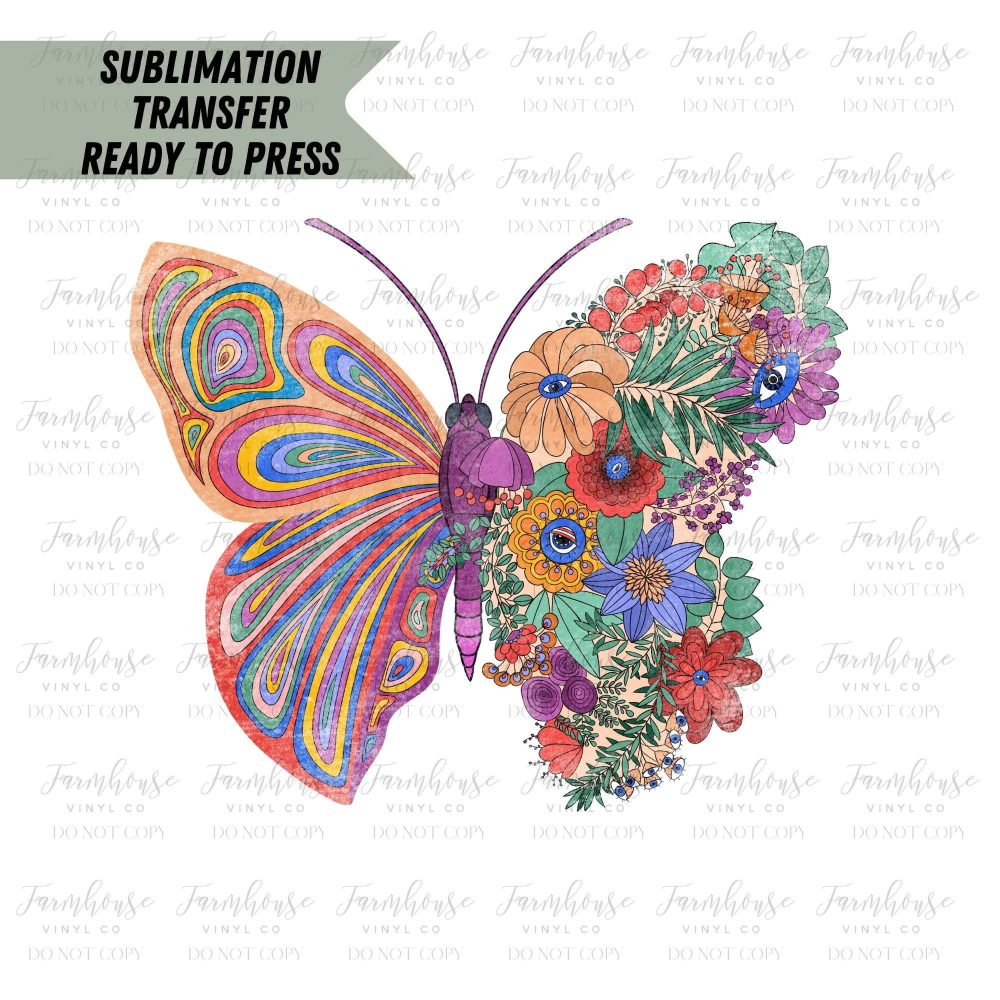 Butterfly Floral Retro, Retro Vibrant Design, Ready To Press, Sublimation Transfers, Transfer Ready To Press, Heat Transfer Design Retro Hip