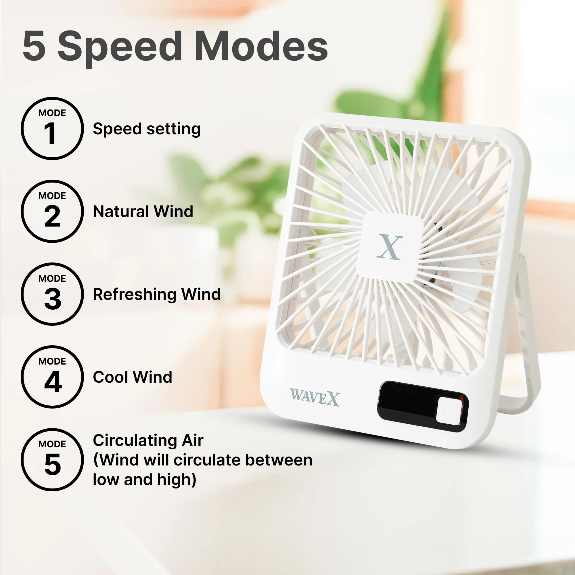 Candes Digital Portable Mini Fan | Rechargeable USB Fan with 5 Speeds | Portable Fan for Office Home Travel 4-6 Hours Running 2000mAh Battery | Small Fan with 180° Tilt Angle | 1 Yr warranty | White