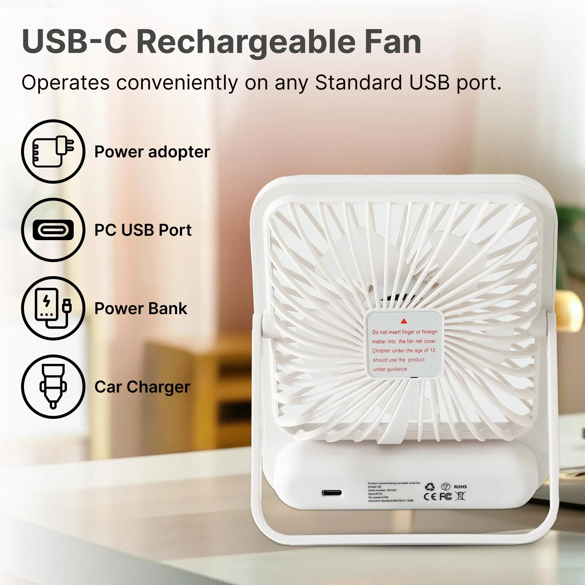 Candes Digital Portable Mini Fan | Rechargeable USB Fan with 5 Speeds | Portable Fan for Office Home Travel 4-6 Hours Running 2000mAh Battery | Small Fan with 180° Tilt Angle | 1 Yr warranty | White