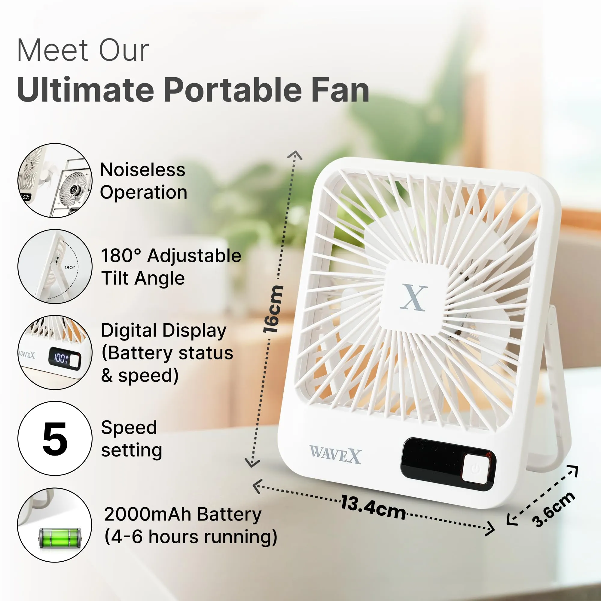 Candes Digital Portable Mini Fan | Rechargeable USB Fan with 5 Speeds | Portable Fan for Office Home Travel 4-6 Hours Running 2000mAh Battery | Small Fan with 180° Tilt Angle | 1 Yr warranty | White