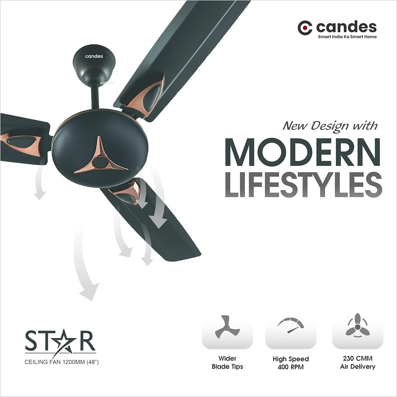 Candes Star Ceiling Fans for Home 1200mm / 48 inch | BEE 3 Star Rated, High Air Delivery, Noiseless & Energy Efficient | 1 1 Years Warranty | Coffee Brown, Pack of 2