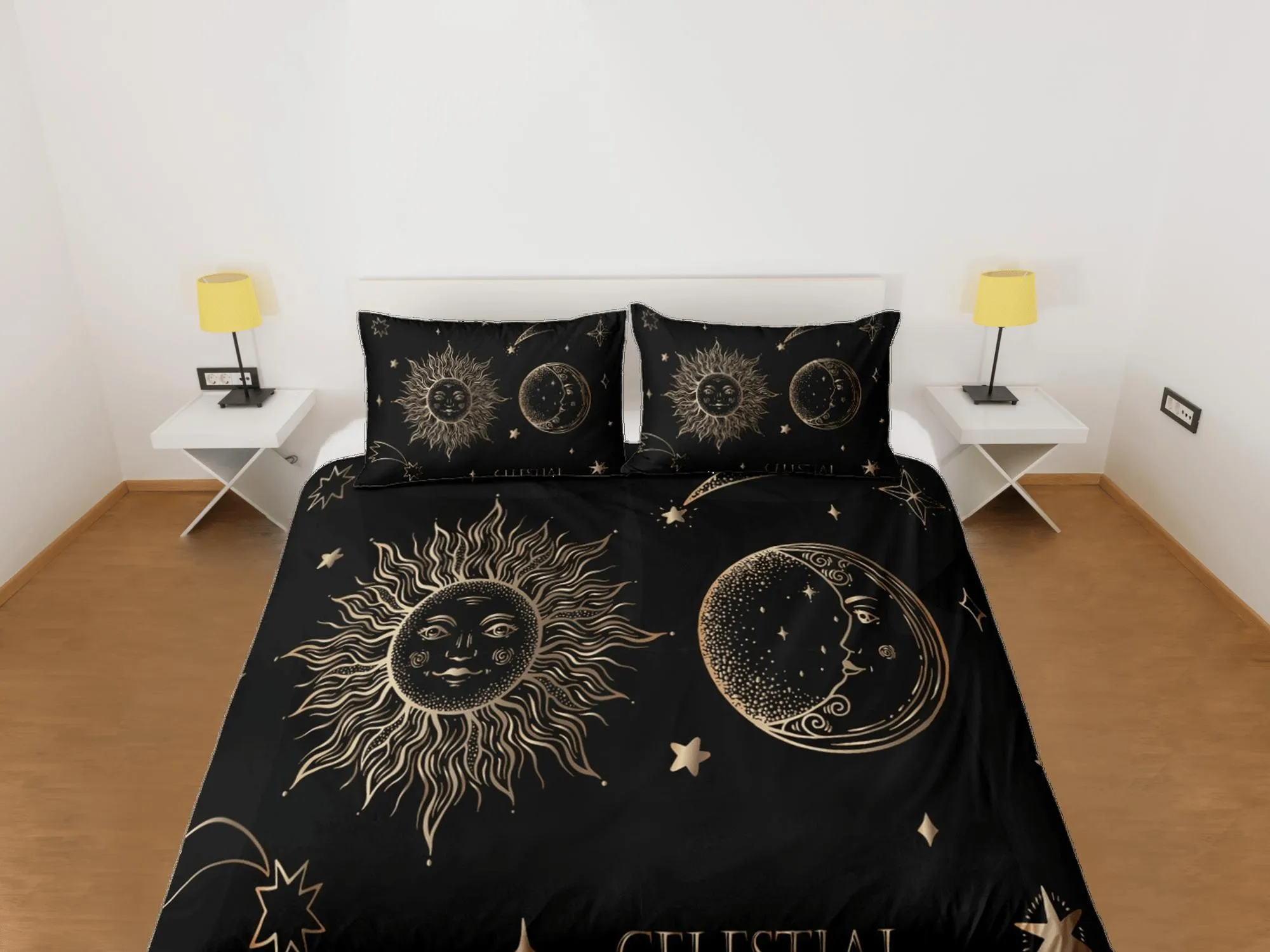 Celestial bedding black, sun and moon witchy decor dorm bedding, aesthetic duvet boho bedding set full king queen, astrology gift gothic art