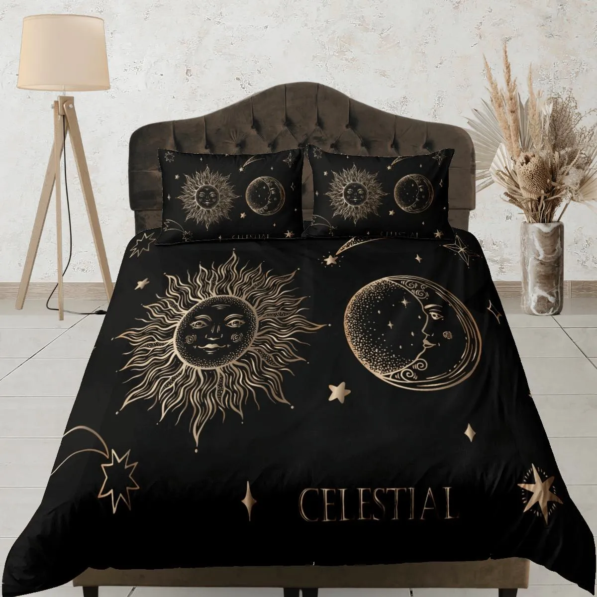 Celestial bedding black, sun and moon witchy decor dorm bedding, aesthetic duvet boho bedding set full king queen, astrology gift gothic art