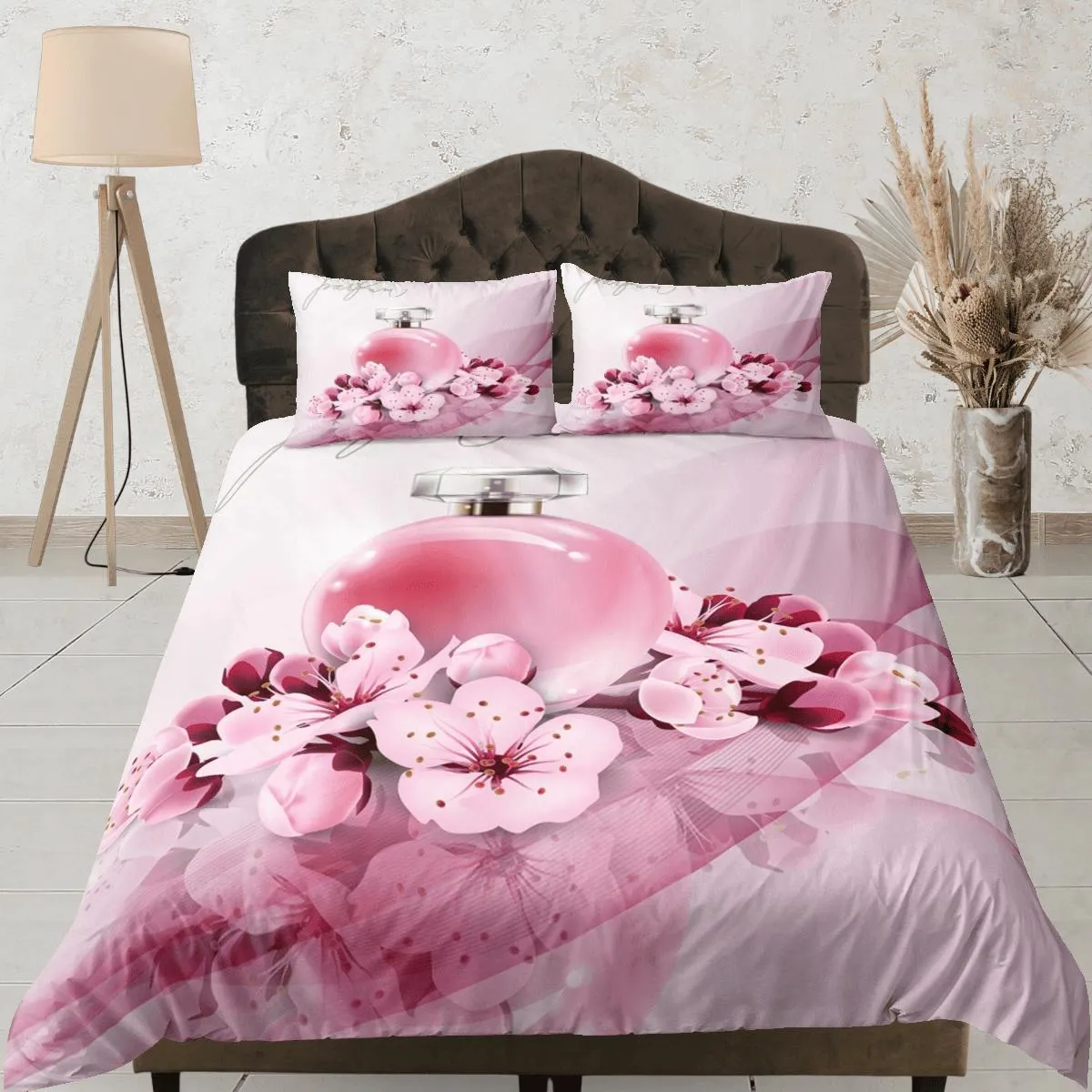 Cherry blossom and perfume bedding floral prints duvet cover queen, king, boho bedding designer bedspread girly full size bedding aesthetic