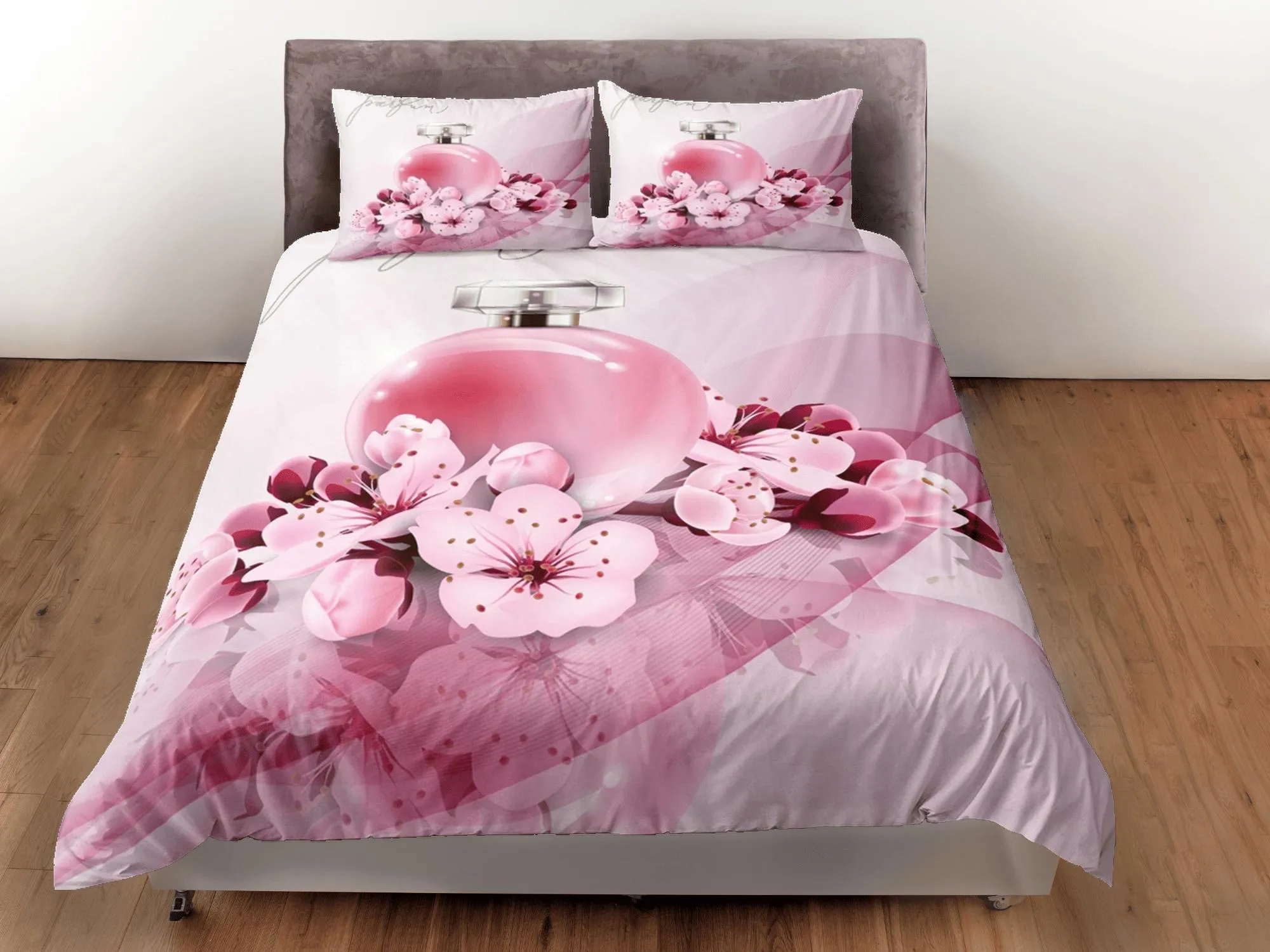 Cherry blossom and perfume bedding floral prints duvet cover queen, king, boho bedding designer bedspread girly full size bedding aesthetic