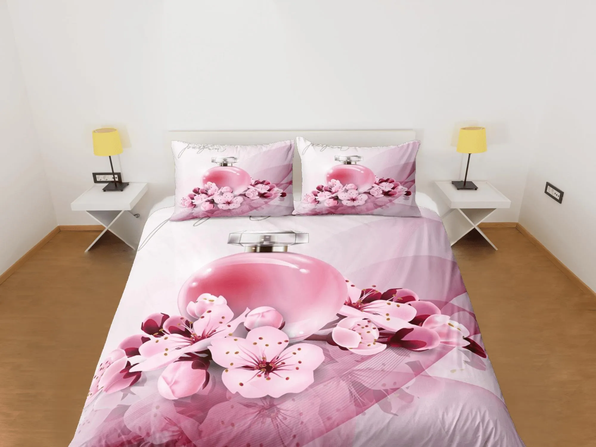 Cherry blossom and perfume bedding floral prints duvet cover queen, king, boho bedding designer bedspread girly full size bedding aesthetic