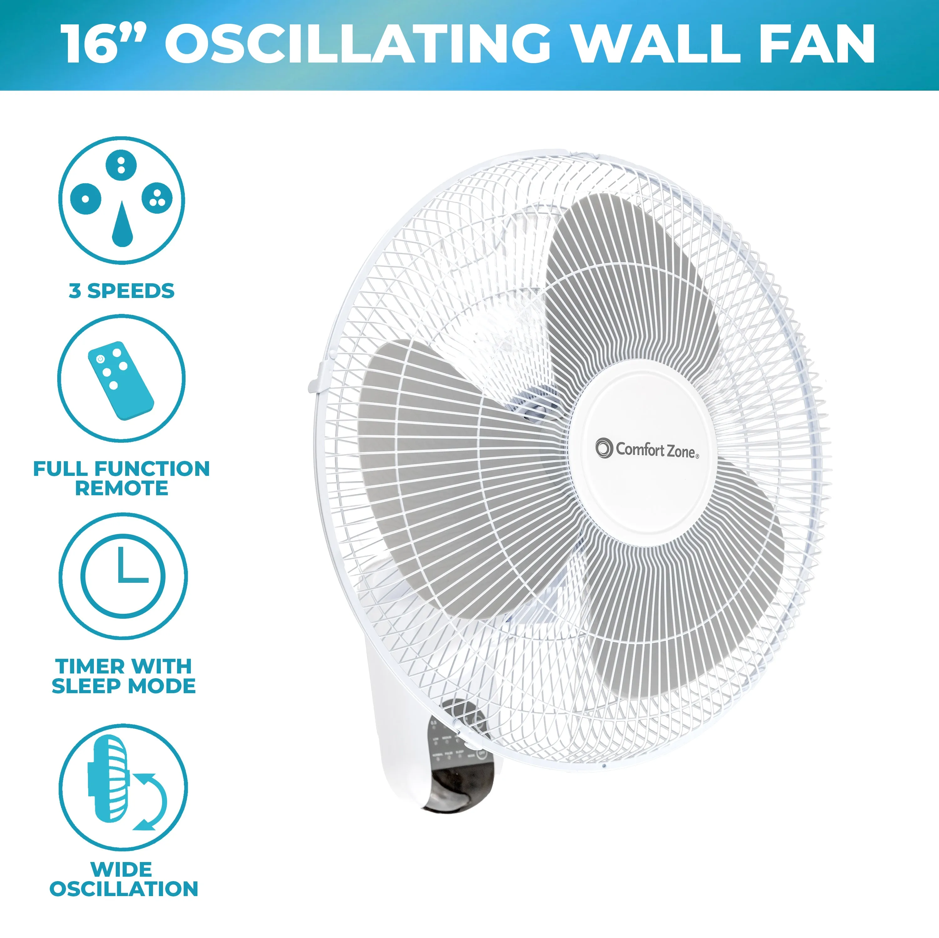 Comfort Zone 16” 3-Speed Wall Mount Fan with Remote in White