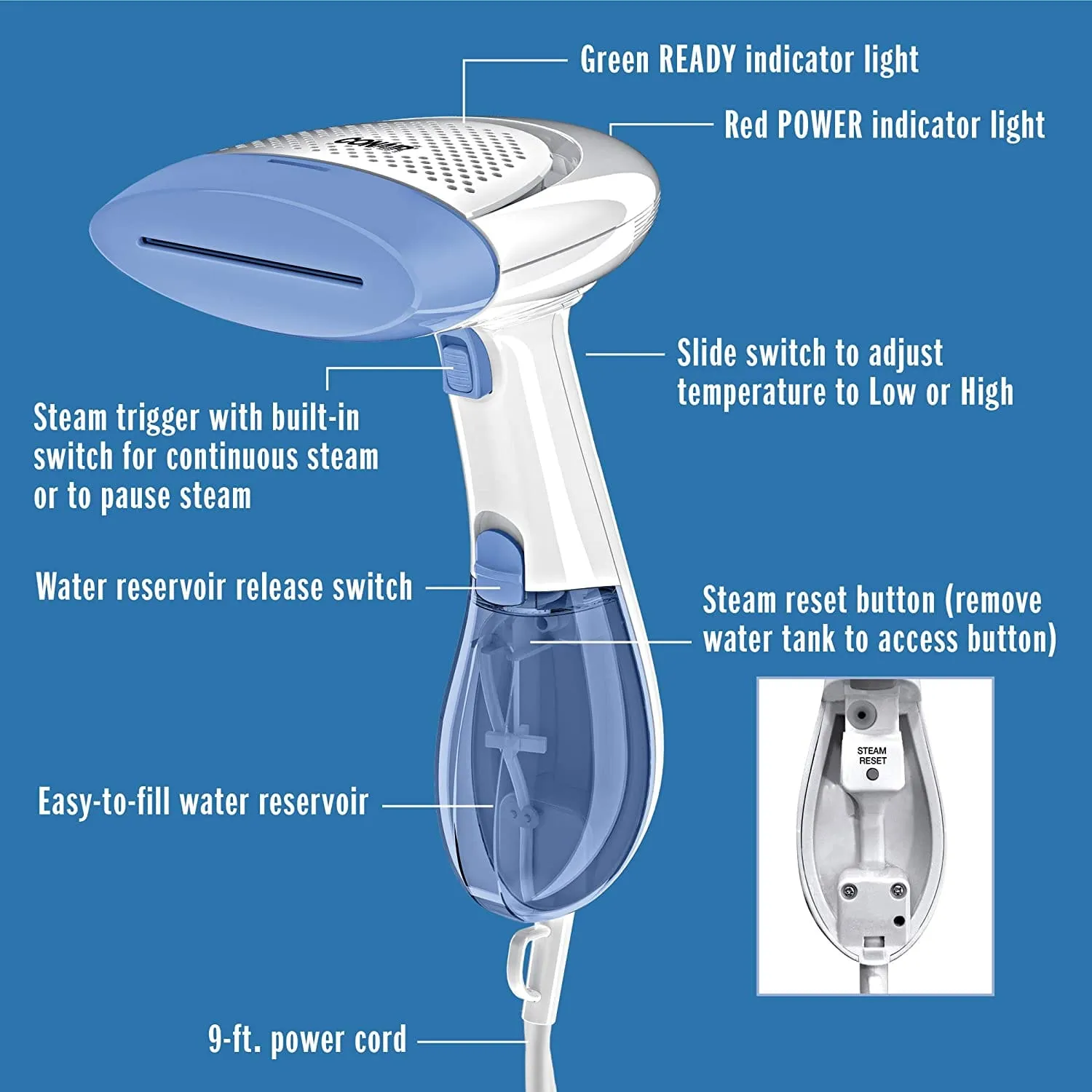 Conair ExtremeSteam Hand Held Fabric Steamer with Dual Heat, White/Blue - GS23X