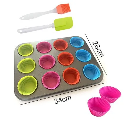 Cupcake Tray With Silicone Liners and Brush Set