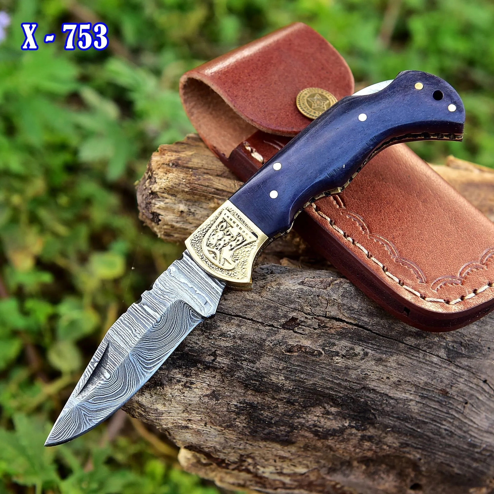 Custom Handmade Damascus Steel Pocket Knife Folding Blade Lock Back Bone Handle x-753