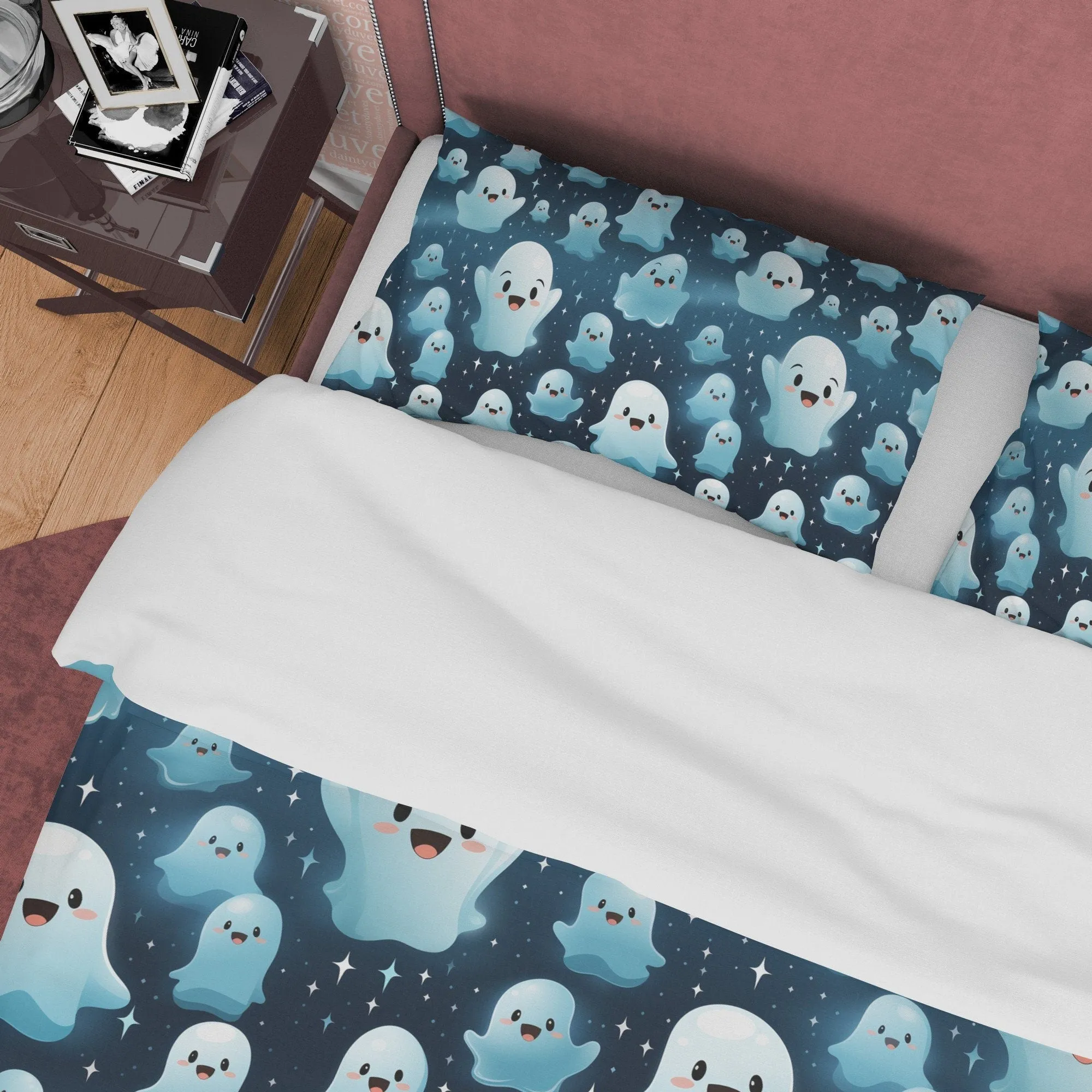 Cute Halloween Ghosts, Deep Blue Duvet Cover Set & Pillowcase, Aesthetic Bedding, Halloween Decor, US, UK, European, Australian Bed Size