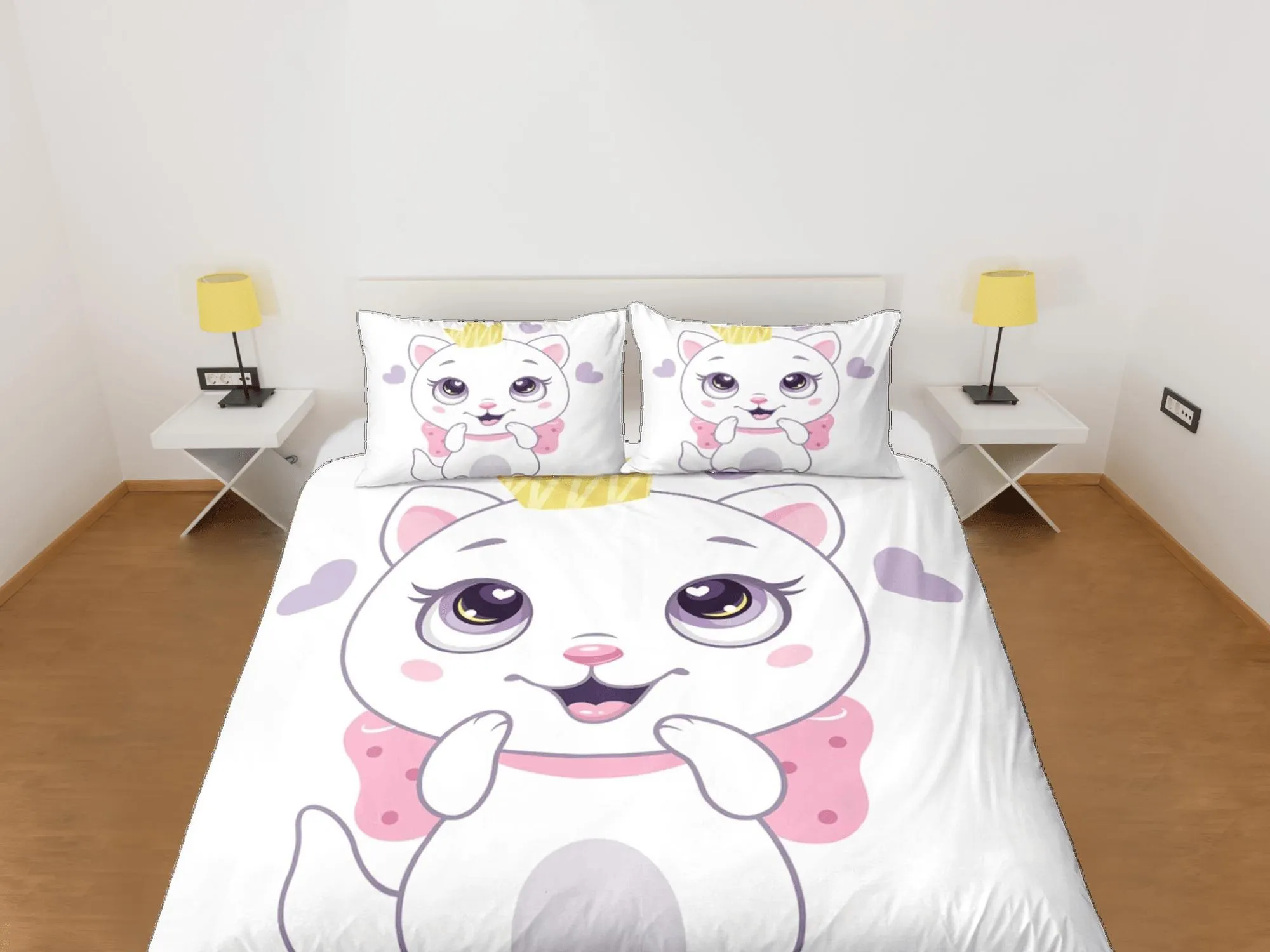 Cute white cat bedding, girl toddler bedding, kids duvet cover set, gift for cat lovers, baby bedding, baby shower gift